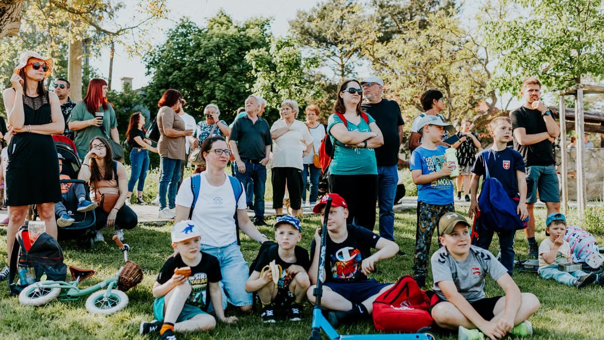 A diverse group of people enjoying a sunny day at an outdoor community event in a park setting.